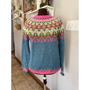 Fair Isle Knit Sweater Blue Pink Green Geometric Yoke Pullover Womens Medium